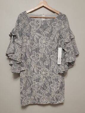 Badgley Mischka Black and White Floral Stripe Ruffle-Sleeve Midi Dress